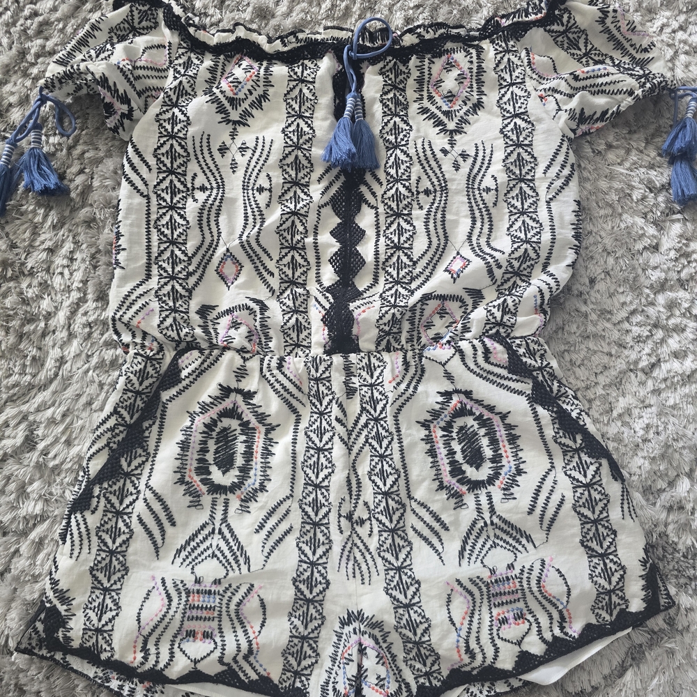 SAYLOR Ivory Embroidered Off-Shoulder Romper with Blue Tassels